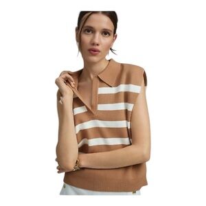 Anthropologie/Maeve Brown and White Striped V-Neck Sweater